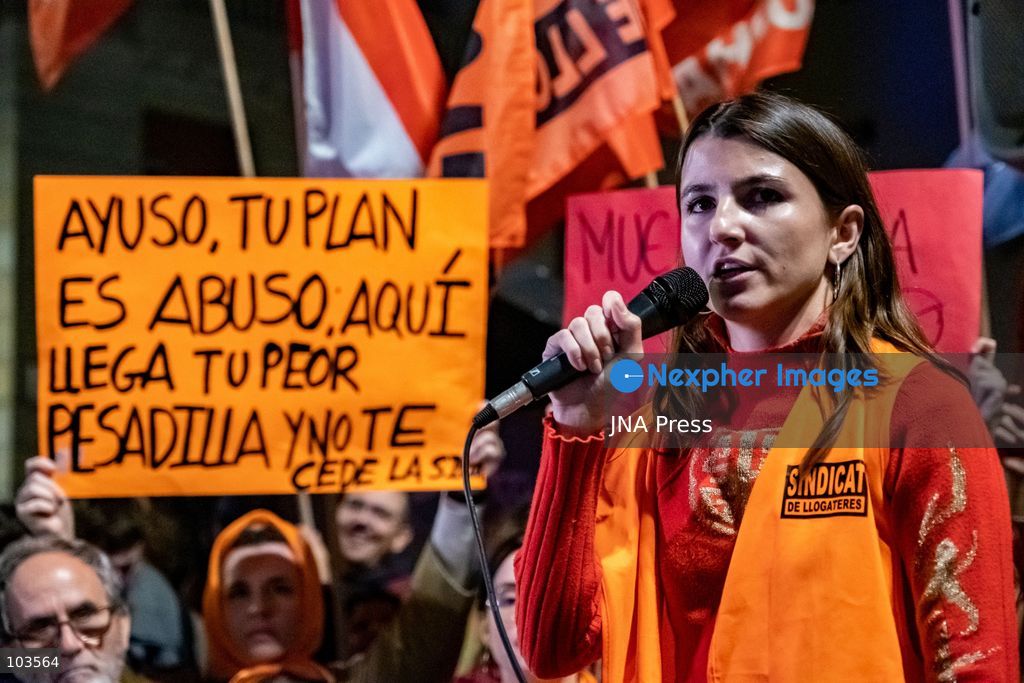 BARCELONA, SPAIN, OCTOBER 9, 2026: Thousands of housing rights protesters march through central Barcelona demanding stronger protections against evictions and calling for a general strike on November 11. The demonstration, organized by housing unions and activist groups, drew approximately 3,000 participants according to local police, while organizers estimated 15,000. Demonstrators observed a minute of silence in memory of Maricarmen Abascal, an 87-year-old woman who died following her eviction in Madrid, and Olga Matute and Javier, who died by suicide after being evicted in L'Hospitalet de Llobregat. The march began at Placa Universitat and continued through the city center. Photo by Miguel Galmés / JNA Press. (Photo by Miguel GalmÃ©s/JNA Press via Nexpher Images)