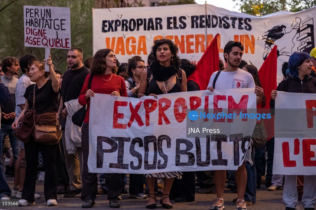 BARCELONA, SPAIN, OCTOBER 9, 2026: Thousands of housing rights protesters march through central Barcelona demanding stronger protections against evictions and calling for a general strike on November 11. The demonstration, organized by housing unions and activist groups, drew approximately 3,000 participants according to local police, while organizers estimated 15,000. Demonstrators observed a minute of silence in memory of Maricarmen Abascal, an 87-year-old woman who died following her eviction in Madrid, and Olga Matute and Javier, who died by suicide after being evicted in L'Hospitalet de Llobregat. The march began at Placa Universitat and continued through the city center. Photo by Miguel Galmés / JNA Press. (Photo by Miguel GalmÃ©s/JNA Press via Nexpher Images)
