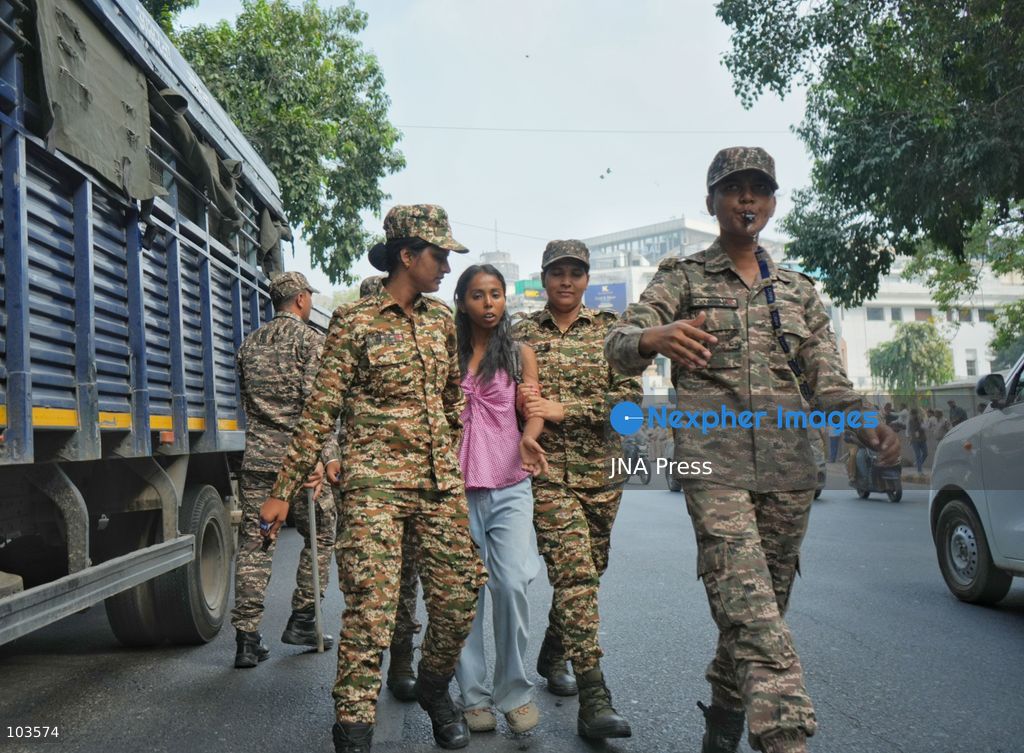 NEW DELHI, INDIA, OCTOBER 10, 2026: Police detain protesters near Jantar Mantar in New Delhi during demonstrations organized by the Cockroach Janta Party (CJP) demanding the resignation of Chief Election Commissioner Gyanesh Kumar. Protesters accused the Election Commission of irregularities in the Special Intensive Revision (SIR) of electoral rolls. Authorities deployed large numbers of police and security personnel and imposed restrictions on gatherings after denying permission for the planned demonstration. The Election Commission has denied allegations of wrongdoing in the voter-roll revision process. Photo by Sameer Hussain / JNA Press. (Photo by Sameer Hussain/JNA Press via Nexpher Images)