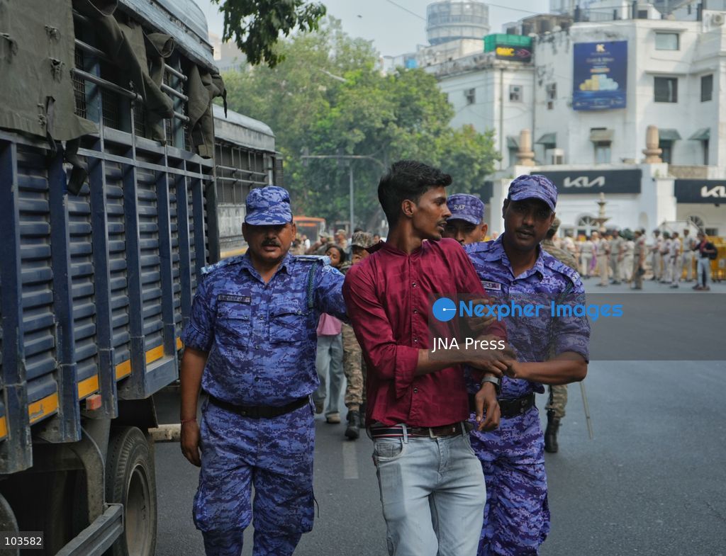 NEW DELHI, INDIA, OCTOBER 10, 2026: Police detain protesters near Jantar Mantar in New Delhi during demonstrations organized by the Cockroach Janta Party (CJP) demanding the resignation of Chief Election Commissioner Gyanesh Kumar. Protesters accused the Election Commission of irregularities in the Special Intensive Revision (SIR) of electoral rolls. Authorities deployed large numbers of police and security personnel and imposed restrictions on gatherings after denying permission for the planned demonstration. The Election Commission has denied allegations of wrongdoing in the voter-roll revision process. Photo by Sameer Hussain / JNA Press. (Photo by Sameer Hussain/JNA Press via Nexpher Images)