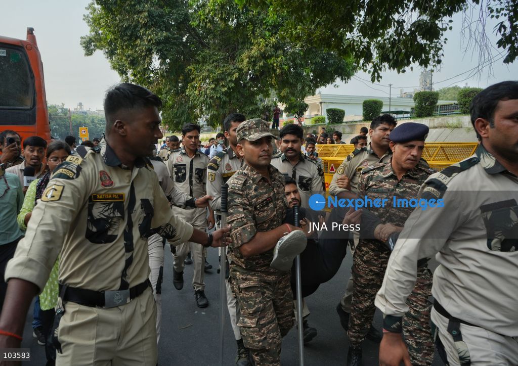 NEW DELHI, INDIA, OCTOBER 10, 2026: Police detain protesters near Jantar Mantar in New Delhi during demonstrations organized by the Cockroach Janta Party (CJP) demanding the resignation of Chief Election Commissioner Gyanesh Kumar. Protesters accused the Election Commission of irregularities in the Special Intensive Revision (SIR) of electoral rolls. Authorities deployed large numbers of police and security personnel and imposed restrictions on gatherings after denying permission for the planned demonstration. The Election Commission has denied allegations of wrongdoing in the voter-roll revision process. Photo by Sameer Hussain / JNA Press. (Photo by Sameer Hussain/JNA Press via Nexpher Images)