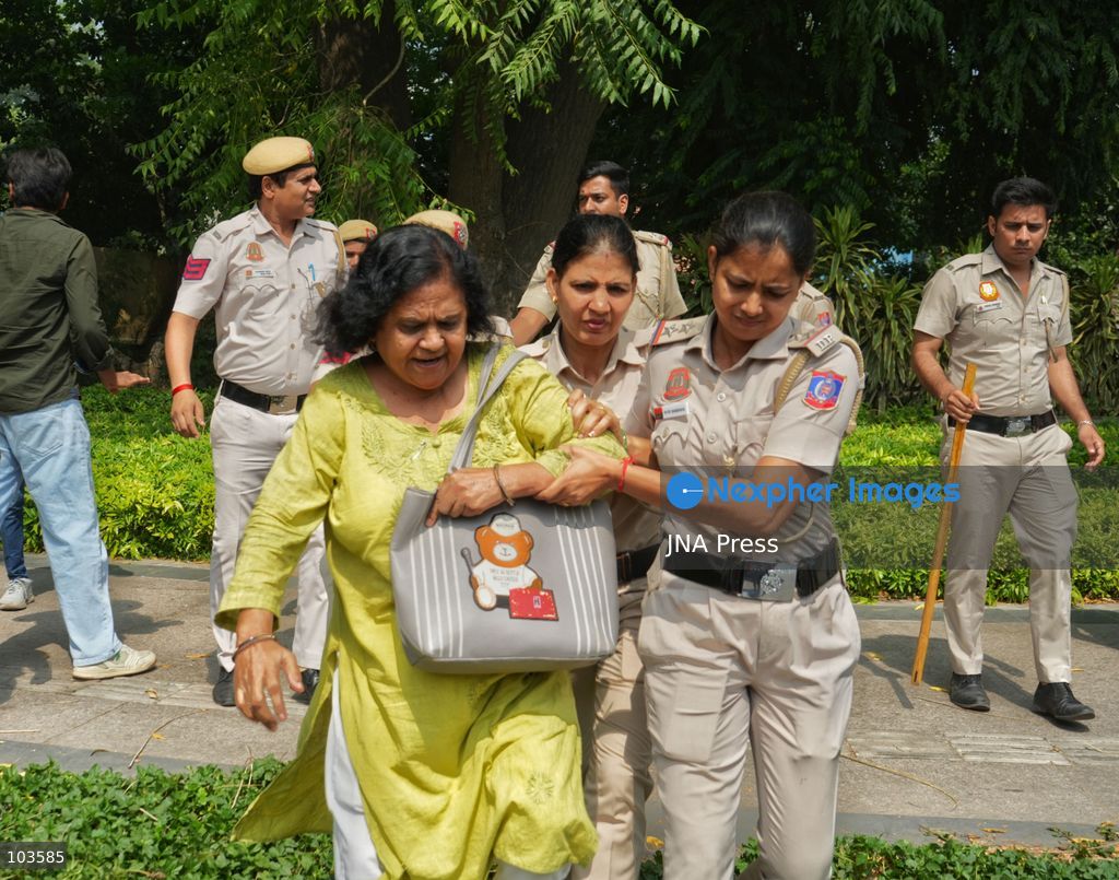 NEW DELHI, INDIA, OCTOBER 10, 2026: Police detain protesters near Jantar Mantar in New Delhi during demonstrations organized by the Cockroach Janta Party (CJP) demanding the resignation of Chief Election Commissioner Gyanesh Kumar. Protesters accused the Election Commission of irregularities in the Special Intensive Revision (SIR) of electoral rolls. Authorities deployed large numbers of police and security personnel and imposed restrictions on gatherings after denying permission for the planned demonstration. The Election Commission has denied allegations of wrongdoing in the voter-roll revision process. Photo by Sameer Hussain / JNA Press. (Photo by Sameer Hussain/JNA Press via Nexpher Images)