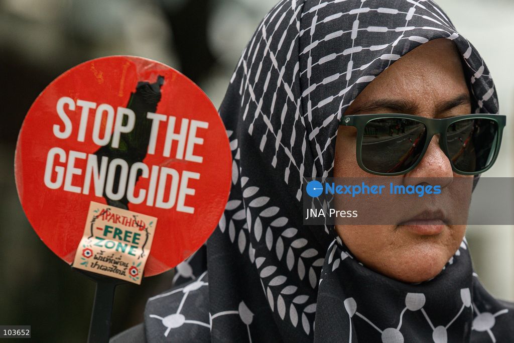BANGKOK, THAILAND, OCTOBER 10, 2026: Pro-Palestinian demonstrators gather outside the Israeli Embassy in Bangkok during a protest marking 1,100 days since the start of the war in Gaza. Participants held portraits of Palestinians killed during the conflict for three minutes in an action titled "Every Life Isn't Just a Number," symbolizing three years of war. The demonstration was held as part of a Global Action Day for Palestine. Photo by Watsawat Koktabtim / JNA Press. (Photo by Watsawat Koktabtim/JNA Press via Nexpher Images)