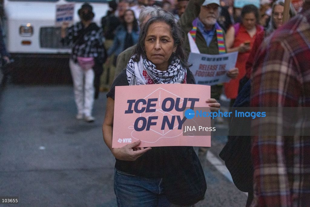NEW YORK, UNITED STATES, OCTOBER 9, 2026: Demonstrators gather at Foley Square in Manhattan to protest US Immigration and Customs Enforcement (ICE) operations following the shooting of Oscar Belgal, 28, by a federal immigration officer during an attempted arrest in the Marble Hill neighborhood on October 8. Belgal was wounded while his five-year-old son was inside the vehicle. Protesters called for accountability and an end to ICE enforcement operations in New York City. Federal officials defended the officers' actions, saying Belgal had used his vehicle to threaten agents, while local officials called for an investigation into the shooting. Photo by Lela Edgar / JNA Press. (Photo by Lela Edgar/JNA Press via Nexpher Images)