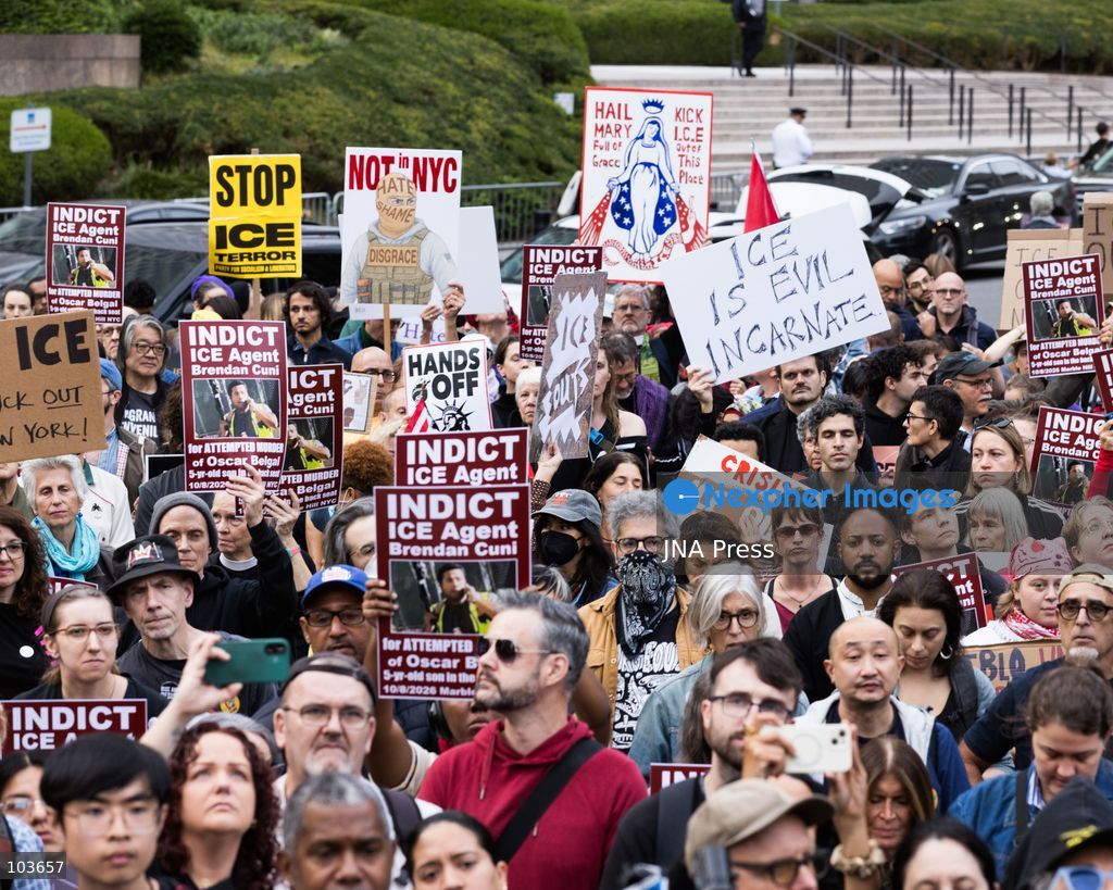 NEW YORK, UNITED STATES, OCTOBER 9, 2026: Demonstrators gather at Foley Square in Manhattan to protest US Immigration and Customs Enforcement (ICE) operations following the shooting of Oscar Belgal, 28, by a federal immigration officer during an attempted arrest in the Marble Hill neighborhood on October 8. Belgal was wounded while his five-year-old son was inside the vehicle. Protesters called for accountability and an end to ICE enforcement operations in New York City. Federal officials defended the officers' actions, saying Belgal had used his vehicle to threaten agents, while local officials called for an investigation into the shooting. Photo by Lela Edgar / JNA Press. (Photo by Lela Edgar/JNA Press via Nexpher Images)