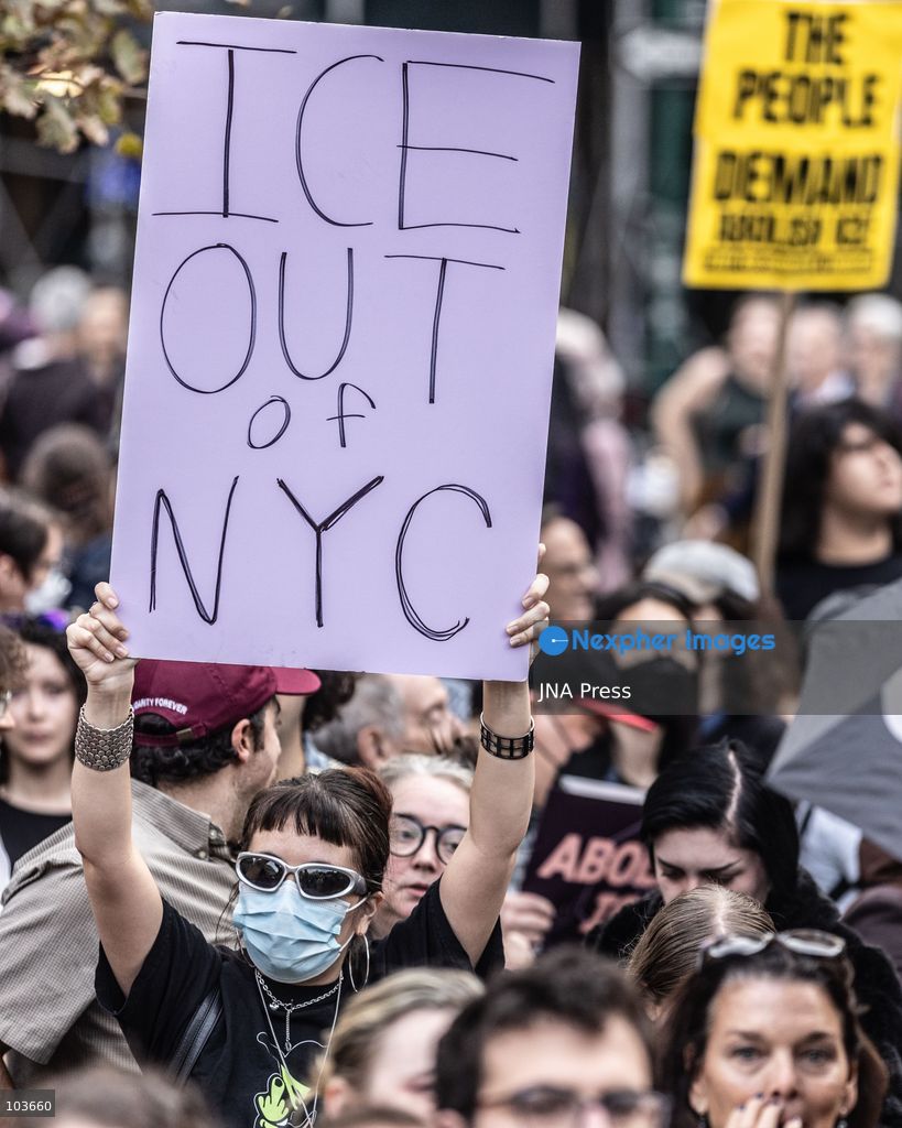 NEW YORK, UNITED STATES, OCTOBER 9, 2026: Demonstrators gather at Foley Square in Manhattan to protest US Immigration and Customs Enforcement (ICE) operations following the shooting of Oscar Belgal, 28, by a federal immigration officer during an attempted arrest in the Marble Hill neighborhood on October 8. Belgal was wounded while his five-year-old son was inside the vehicle. Protesters called for accountability and an end to ICE enforcement operations in New York City. Federal officials defended the officers' actions, saying Belgal had used his vehicle to threaten agents, while local officials called for an investigation into the shooting. Photo by Lela Edgar / JNA Press. (Photo by Lela Edgar/JNA Press via Nexpher Images)