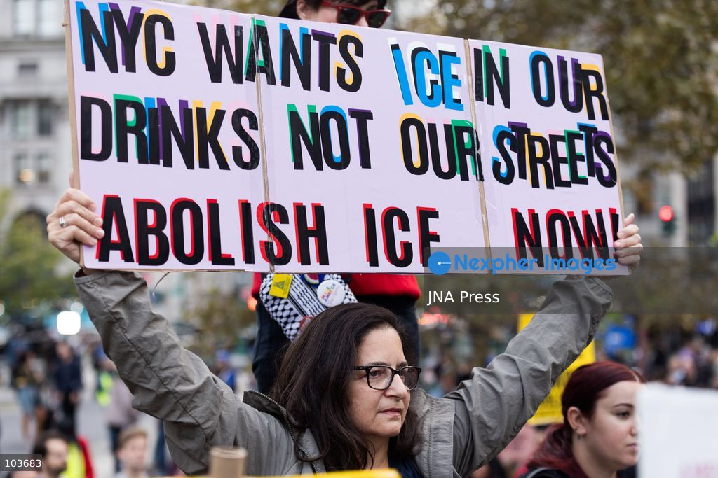 NEW YORK, UNITED STATES, OCTOBER 9, 2026: Demonstrators gather at Foley Square in Manhattan to protest US Immigration and Customs Enforcement (ICE) operations following the shooting of Oscar Belgal, 28, by a federal immigration officer during an attempted arrest in the Marble Hill neighborhood on October 8. Belgal was wounded while his five-year-old son was inside the vehicle. Protesters called for accountability and an end to ICE enforcement operations in New York City. Federal officials defended the officers' actions, saying Belgal had used his vehicle to threaten agents, while local officials called for an investigation into the shooting. Photo by Lela Edgar / JNA Press. (Photo by Lela Edgar/JNA Press via Nexpher Images)