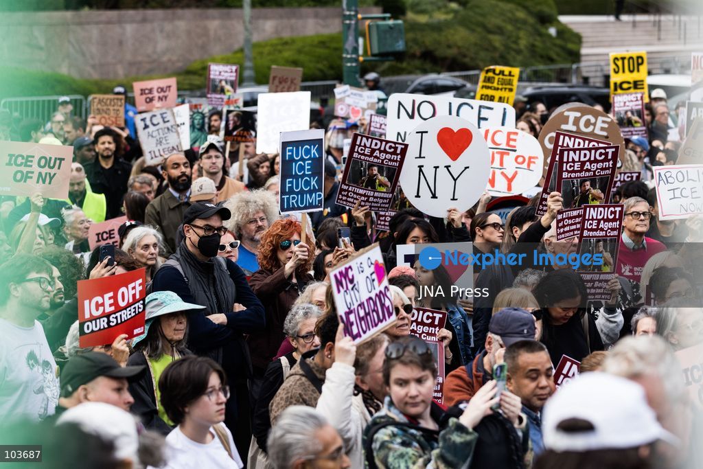 NEW YORK, UNITED STATES, OCTOBER 9, 2026: Demonstrators gather at Foley Square in Manhattan to protest US Immigration and Customs Enforcement (ICE) operations following the shooting of Oscar Belgal, 28, by a federal immigration officer during an attempted arrest in the Marble Hill neighborhood on October 8. Belgal was wounded while his five-year-old son was inside the vehicle. Protesters called for accountability and an end to ICE enforcement operations in New York City. Federal officials defended the officers' actions, saying Belgal had used his vehicle to threaten agents, while local officials called for an investigation into the shooting. Photo by Lela Edgar / JNA Press. (Photo by Lela Edgar/JNA Press via Nexpher Images)
