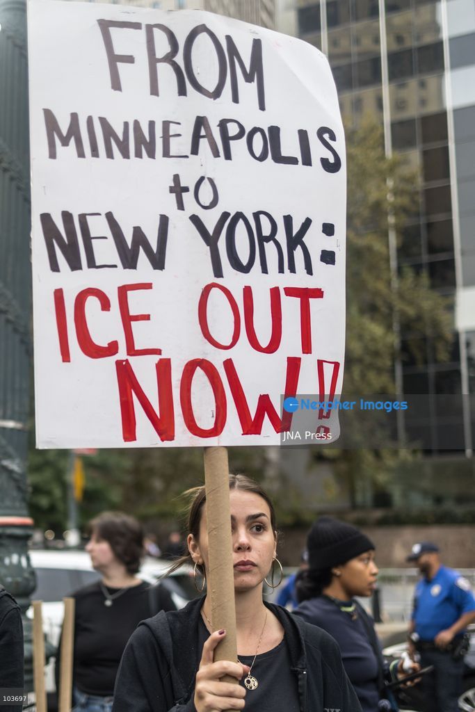 NEW YORK, UNITED STATES, OCTOBER 9, 2026: Demonstrators gather at Foley Square in Manhattan to protest US Immigration and Customs Enforcement (ICE) operations following the shooting of Oscar Belgal, 28, by a federal immigration officer during an attempted arrest in the Marble Hill neighborhood on October 8. Belgal was wounded while his five-year-old son was inside the vehicle. Protesters called for accountability and an end to ICE enforcement operations in New York City. Federal officials defended the officers' actions, saying Belgal had used his vehicle to threaten agents, while local officials called for an investigation into the shooting. Photo by Lela Edgar / JNA Press. (Photo by Lela Edgar/JNA Press via Nexpher Images)