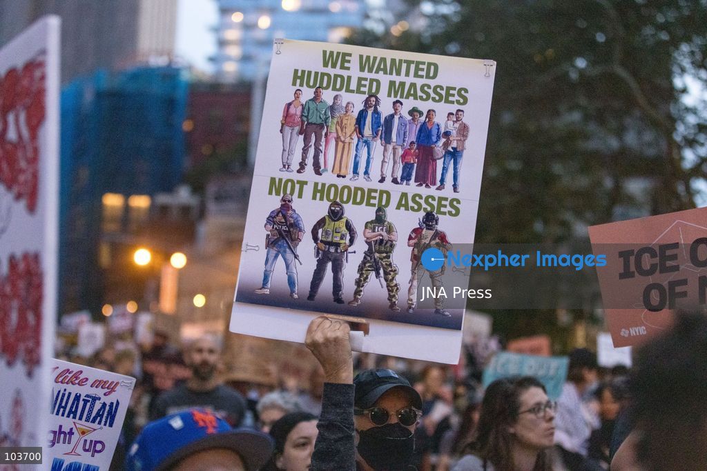 NEW YORK, UNITED STATES, OCTOBER 9, 2026: Demonstrators gather at Foley Square in Manhattan to protest US Immigration and Customs Enforcement (ICE) operations following the shooting of Oscar Belgal, 28, by a federal immigration officer during an attempted arrest in the Marble Hill neighborhood on October 8. Belgal was wounded while his five-year-old son was inside the vehicle. Protesters called for accountability and an end to ICE enforcement operations in New York City. Federal officials defended the officers' actions, saying Belgal had used his vehicle to threaten agents, while local officials called for an investigation into the shooting. Photo by Lela Edgar / JNA Press. (Photo by Lela Edgar/JNA Press via Nexpher Images)