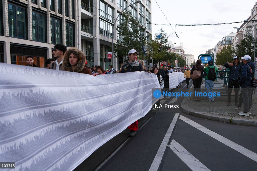 BERLIN, GERMANY, OCTOBER 10, 2026: Thousands of demonstrators take part in the United4Palestine rally under the slogan “No Peace on Stolen Land” in Berlin. Police estimated that around 3,500 people participated in the demonstration, which took place amid extensive security measures and a large police presence. Pro-Israeli counter-protests were also held nearby, with participants expressing opposing views on the Israeli-Palestinian conflict. Photo by Maria Castro / JNA Press. (Photo by Maria Castro/JNA Press via Nexpher Images)
