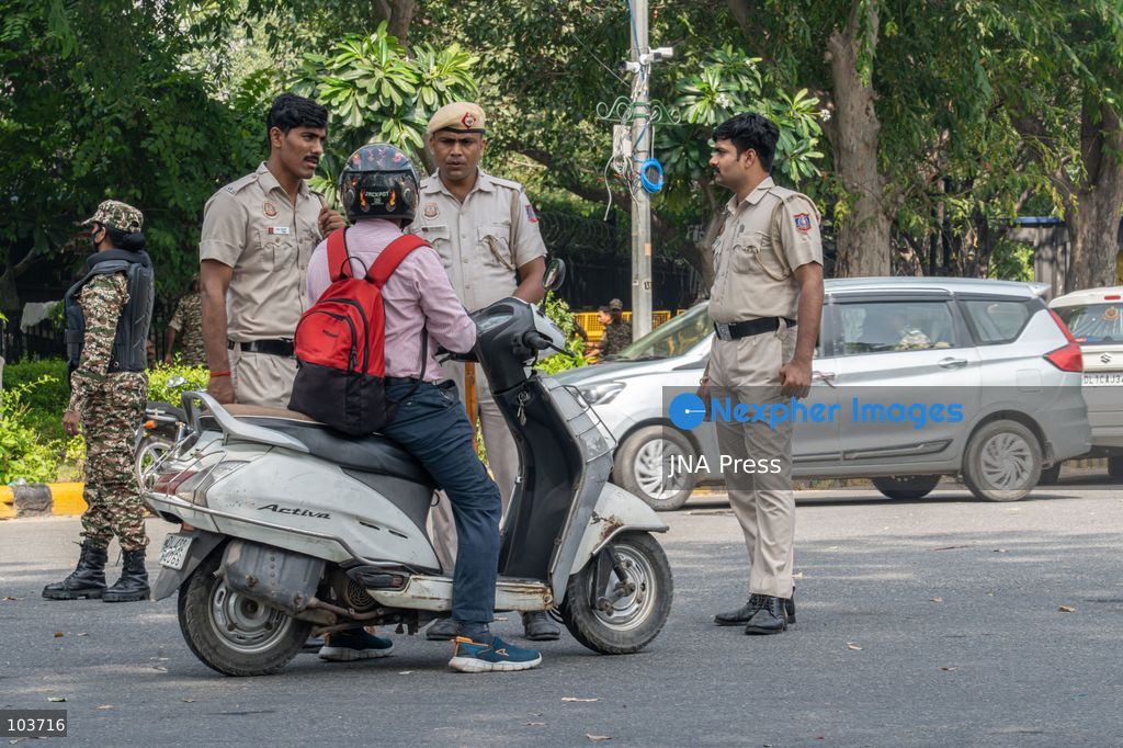 NEW DELHI, INDIA, OCTOBER 10, 2026: Security personnel stand guard near barricades along Ashoka Road in New Delhi amid heightened security measures ahead of a protest called by the youth-led Cockroach Janta Party (CJP). The movement demanded the resignation of Chief Election Commissioner Gyanesh Kumar over alleged irregularities in electoral roll revisions. Police deployed additional forces and restricted access to several areas of central Delhi after denying permission for the planned demonstration at Jantar Mantar. Photo by Yanni Rawat / JNA Press. (Photo by yanni rawat/JNA Press via Nexpher Images)