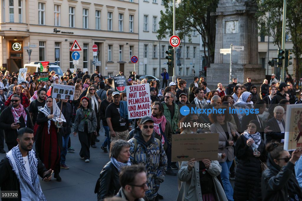 BERLIN, GERMANY, OCTOBER 10, 2026: Thousands of demonstrators take part in the United4Palestine rally under the slogan “No Peace on Stolen Land” in Berlin. Police estimated that around 3,500 people participated in the demonstration, which took place amid extensive security measures and a large police presence. Pro-Israeli counter-protests were also held nearby, with participants expressing opposing views on the Israeli-Palestinian conflict. Photo by Maria Castro / JNA Press. (Photo by Maria Castro/JNA Press via Nexpher Images)