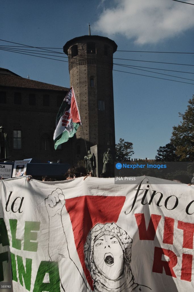 TURIN, ITALY, OCTOBER 10, 2026: Thousands of pro-Palestinian demonstrators march through Turin during a protest organized by the Torino per Gaza coalition. Tensions erupted near Piazza Castello when police blocked access to the square, leading to clashes between demonstrators and riot police before some protesters were allowed to enter. Participants carried Palestinian flags and displayed effigies of Israeli Prime Minister Benjamin Netanyahu and US President Donald Trump as they marched through the city in support of Palestine. Photo by Julian Nelaj / JNA Press. (Photo by Julian Nelaj/JNA Press via Nexpher Images)