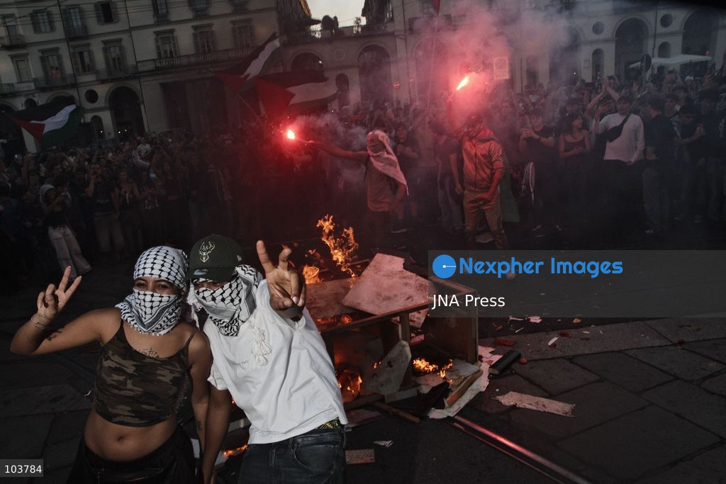 TURIN, ITALY, OCTOBER 10, 2026: Thousands of pro-Palestinian demonstrators march through Turin during a protest organized by the Torino per Gaza coalition. Tensions erupted near Piazza Castello when police blocked access to the square, leading to clashes between demonstrators and riot police before some protesters were allowed to enter. Participants carried Palestinian flags and displayed effigies of Israeli Prime Minister Benjamin Netanyahu and US President Donald Trump as they marched through the city in support of Palestine. Photo by Julian Nelaj / JNA Press. (Photo by Julian Nelaj/JNA Press via Nexpher Images)