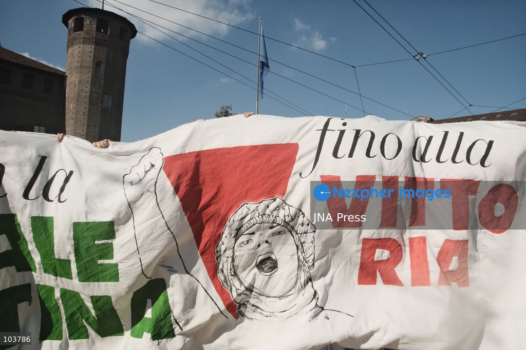 TURIN, ITALY, OCTOBER 10, 2026: Thousands of pro-Palestinian demonstrators march through Turin during a protest organized by the Torino per Gaza coalition. Tensions erupted near Piazza Castello when police blocked access to the square, leading to clashes between demonstrators and riot police before some protesters were allowed to enter. Participants carried Palestinian flags and displayed effigies of Israeli Prime Minister Benjamin Netanyahu and US President Donald Trump as they marched through the city in support of Palestine. Photo by Julian Nelaj / JNA Press. (Photo by Julian Nelaj/JNA Press via Nexpher Images)