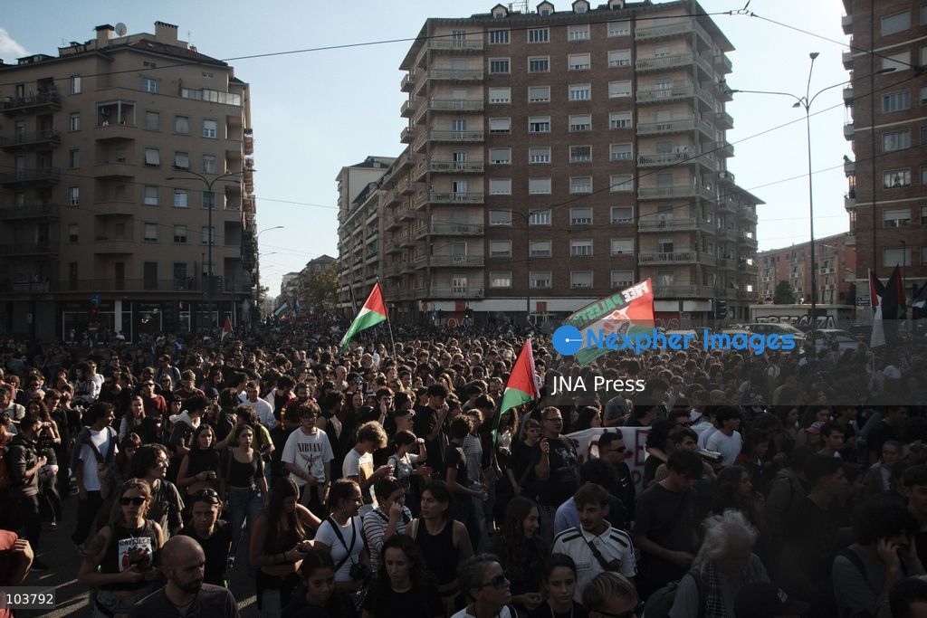 TURIN, ITALY, OCTOBER 10, 2026: Thousands of pro-Palestinian demonstrators march through Turin during a protest organized by the Torino per Gaza coalition. Tensions erupted near Piazza Castello when police blocked access to the square, leading to clashes between demonstrators and riot police before some protesters were allowed to enter. Participants carried Palestinian flags and displayed effigies of Israeli Prime Minister Benjamin Netanyahu and US President Donald Trump as they marched through the city in support of Palestine. Photo by Julian Nelaj / JNA Press. (Photo by Julian Nelaj/JNA Press via Nexpher Images)