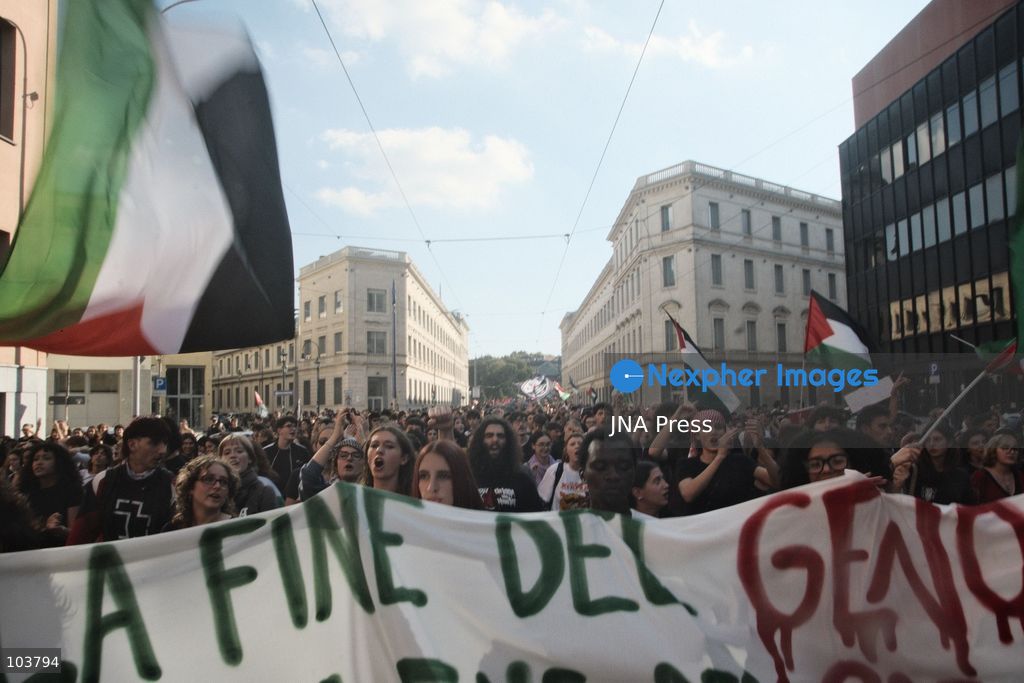 TURIN, ITALY, OCTOBER 10, 2026: Thousands of pro-Palestinian demonstrators march through Turin during a protest organized by the Torino per Gaza coalition. Tensions erupted near Piazza Castello when police blocked access to the square, leading to clashes between demonstrators and riot police before some protesters were allowed to enter. Participants carried Palestinian flags and displayed effigies of Israeli Prime Minister Benjamin Netanyahu and US President Donald Trump as they marched through the city in support of Palestine. Photo by Julian Nelaj / JNA Press. (Photo by Julian Nelaj/JNA Press via Nexpher Images)