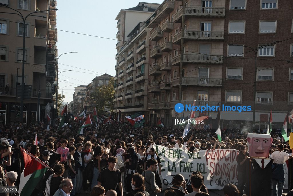 TURIN, ITALY, OCTOBER 10, 2026: Thousands of pro-Palestinian demonstrators march through Turin during a protest organized by the Torino per Gaza coalition. Tensions erupted near Piazza Castello when police blocked access to the square, leading to clashes between demonstrators and riot police before some protesters were allowed to enter. Participants carried Palestinian flags and displayed effigies of Israeli Prime Minister Benjamin Netanyahu and US President Donald Trump as they marched through the city in support of Palestine. Photo by Julian Nelaj / JNA Press. (Photo by Julian Nelaj/JNA Press via Nexpher Images)