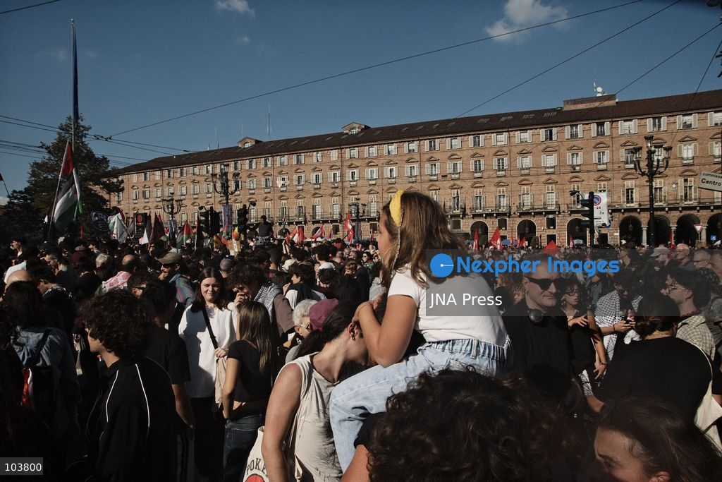TURIN, ITALY, OCTOBER 10, 2026: Thousands of pro-Palestinian demonstrators march through Turin during a protest organized by the Torino per Gaza coalition. Tensions erupted near Piazza Castello when police blocked access to the square, leading to clashes between demonstrators and riot police before some protesters were allowed to enter. Participants carried Palestinian flags and displayed effigies of Israeli Prime Minister Benjamin Netanyahu and US President Donald Trump as they marched through the city in support of Palestine. Photo by Julian Nelaj / JNA Press. (Photo by Julian Nelaj/JNA Press via Nexpher Images)