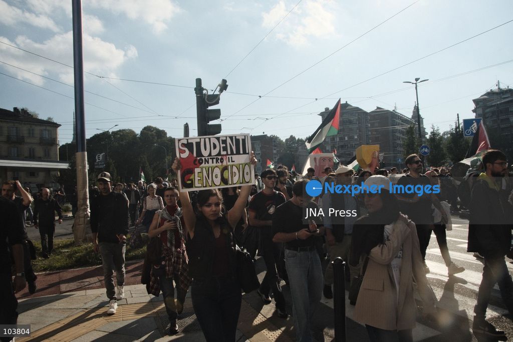 TURIN, ITALY, OCTOBER 10, 2026: Thousands of pro-Palestinian demonstrators march through Turin during a protest organized by the Torino per Gaza coalition. Tensions erupted near Piazza Castello when police blocked access to the square, leading to clashes between demonstrators and riot police before some protesters were allowed to enter. Participants carried Palestinian flags and displayed effigies of Israeli Prime Minister Benjamin Netanyahu and US President Donald Trump as they marched through the city in support of Palestine. Photo by Julian Nelaj / JNA Press. (Photo by Julian Nelaj/JNA Press via Nexpher Images)