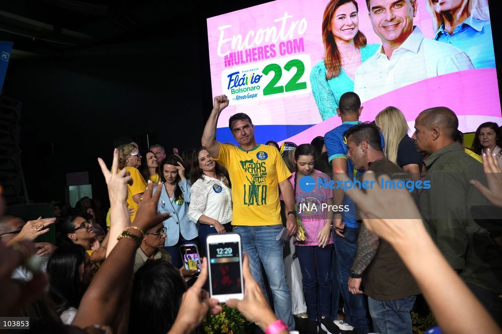 RIO DE JANEIRO, BRAZIL, OCTOBER 10, 2026: Brazilian presidential candidate Flavio Bolsonaro addresses female supporters during a campaign event in Rio de Janeiro ahead of the October 25 presidential runoff election against incumbent President Luiz Inacio Lula da Silva. Bolsonaro met with women leaders and supporters to discuss women's participation in politics, family support and social inclusion policies, including assistance for mothers and families of children with special needs. The event formed part of his campaign efforts to mobilize voters ahead of the second round. Photo by Mariana Greif / JNA Press. (Photo by Mariana Greif/JNA Press via Nexpher Images)