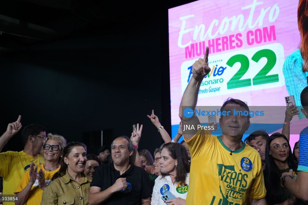 RIO DE JANEIRO, BRAZIL, OCTOBER 10, 2026: Brazilian presidential candidate Flavio Bolsonaro addresses female supporters during a campaign event in Rio de Janeiro ahead of the October 25 presidential runoff election against incumbent President Luiz Inacio Lula da Silva. Bolsonaro met with women leaders and supporters to discuss women's participation in politics, family support and social inclusion policies, including assistance for mothers and families of children with special needs. The event formed part of his campaign efforts to mobilize voters ahead of the second round. Photo by Mariana Greif / JNA Press. (Photo by Mariana Greif/JNA Press via Nexpher Images)