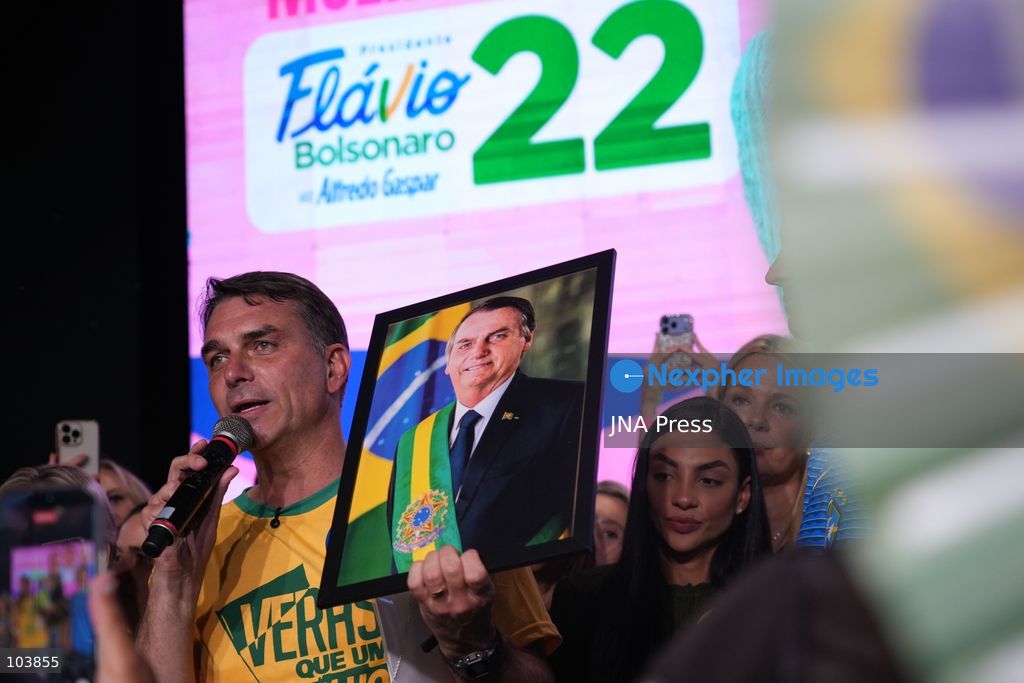 RIO DE JANEIRO, BRAZIL, OCTOBER 10, 2026: Brazilian presidential candidate Flavio Bolsonaro addresses female supporters during a campaign event in Rio de Janeiro ahead of the October 25 presidential runoff election against incumbent President Luiz Inacio Lula da Silva. Bolsonaro met with women leaders and supporters to discuss women's participation in politics, family support and social inclusion policies, including assistance for mothers and families of children with special needs. The event formed part of his campaign efforts to mobilize voters ahead of the second round. Photo by Mariana Greif / JNA Press. (Photo by Mariana Greif/JNA Press via Nexpher Images)