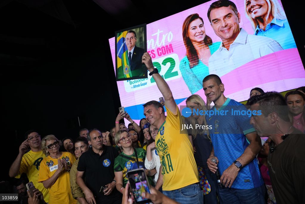 RIO DE JANEIRO, BRAZIL, OCTOBER 10, 2026: Brazilian presidential candidate Flavio Bolsonaro addresses female supporters during a campaign event in Rio de Janeiro ahead of the October 25 presidential runoff election against incumbent President Luiz Inacio Lula da Silva. Bolsonaro met with women leaders and supporters to discuss women's participation in politics, family support and social inclusion policies, including assistance for mothers and families of children with special needs. The event formed part of his campaign efforts to mobilize voters ahead of the second round. Photo by Mariana Greif / JNA Press. (Photo by Mariana Greif/JNA Press via Nexpher Images)
