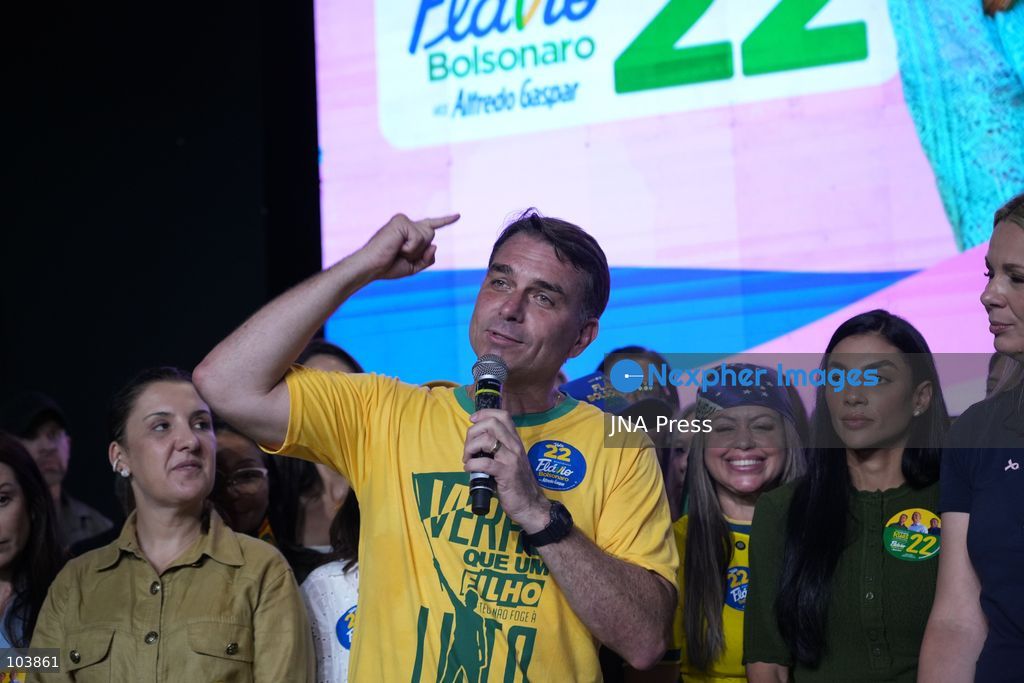 RIO DE JANEIRO, BRAZIL, OCTOBER 10, 2026: Brazilian presidential candidate Flavio Bolsonaro addresses female supporters during a campaign event in Rio de Janeiro ahead of the October 25 presidential runoff election against incumbent President Luiz Inacio Lula da Silva. Bolsonaro met with women leaders and supporters to discuss women's participation in politics, family support and social inclusion policies, including assistance for mothers and families of children with special needs. The event formed part of his campaign efforts to mobilize voters ahead of the second round. Photo by Mariana Greif / JNA Press. (Photo by Mariana Greif/JNA Press via Nexpher Images)