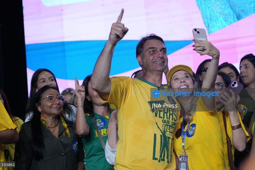 RIO DE JANEIRO, BRAZIL, OCTOBER 10, 2026: Brazilian presidential candidate Flavio Bolsonaro addresses female supporters during a campaign event in Rio de Janeiro ahead of the October 25 presidential runoff election against incumbent President Luiz Inacio Lula da Silva. Bolsonaro met with women leaders and supporters to discuss women's participation in politics, family support and social inclusion policies, including assistance for mothers and families of children with special needs. The event formed part of his campaign efforts to mobilize voters ahead of the second round. Photo by Mariana Greif / JNA Press. (Photo by Mariana Greif/JNA Press via Nexpher Images)