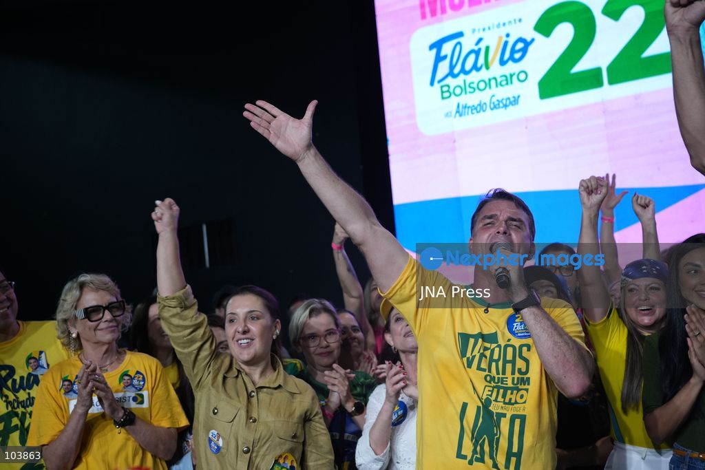 RIO DE JANEIRO, BRAZIL, OCTOBER 10, 2026: Brazilian presidential candidate Flavio Bolsonaro addresses female supporters during a campaign event in Rio de Janeiro ahead of the October 25 presidential runoff election against incumbent President Luiz Inacio Lula da Silva. Bolsonaro met with women leaders and supporters to discuss women's participation in politics, family support and social inclusion policies, including assistance for mothers and families of children with special needs. The event formed part of his campaign efforts to mobilize voters ahead of the second round. Photo by Mariana Greif / JNA Press. (Photo by Mariana Greif/JNA Press via Nexpher Images)
