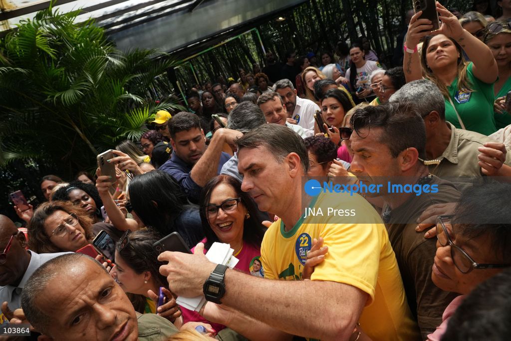 RIO DE JANEIRO, BRAZIL, OCTOBER 10, 2026: Brazilian presidential candidate Flavio Bolsonaro addresses female supporters during a campaign event in Rio de Janeiro ahead of the October 25 presidential runoff election against incumbent President Luiz Inacio Lula da Silva. Bolsonaro met with women leaders and supporters to discuss women's participation in politics, family support and social inclusion policies, including assistance for mothers and families of children with special needs. The event formed part of his campaign efforts to mobilize voters ahead of the second round. Photo by Mariana Greif / JNA Press. (Photo by Mariana Greif/JNA Press via Nexpher Images)