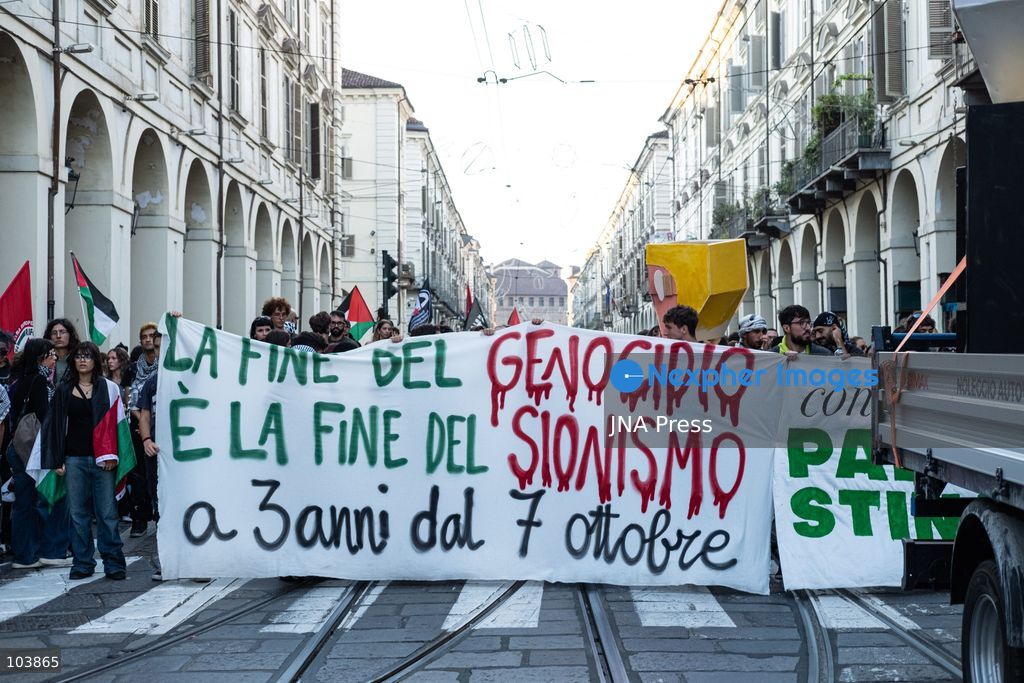 TURIN, ITALY, OCTOBER 10, 2026: Thousands of demonstrators march through the streets of Turin during a regional protest in solidarity with Palestine. Participants from across the Piedmont region gathered for the demonstration organized by Torino per Gaza, waving Palestinian flags and carrying banners as they marched through the city center. The procession passed through several neighborhoods, including Barriera di Milano, before returning toward central Turin. Italian news agency ANSA estimated attendance at around 8,000, while organizers claimed 20,000 participants. Photo by Camilla Baronetto / JNA Press. (Photo by Camilla Baronetto/JNA Press via Nexpher Images)