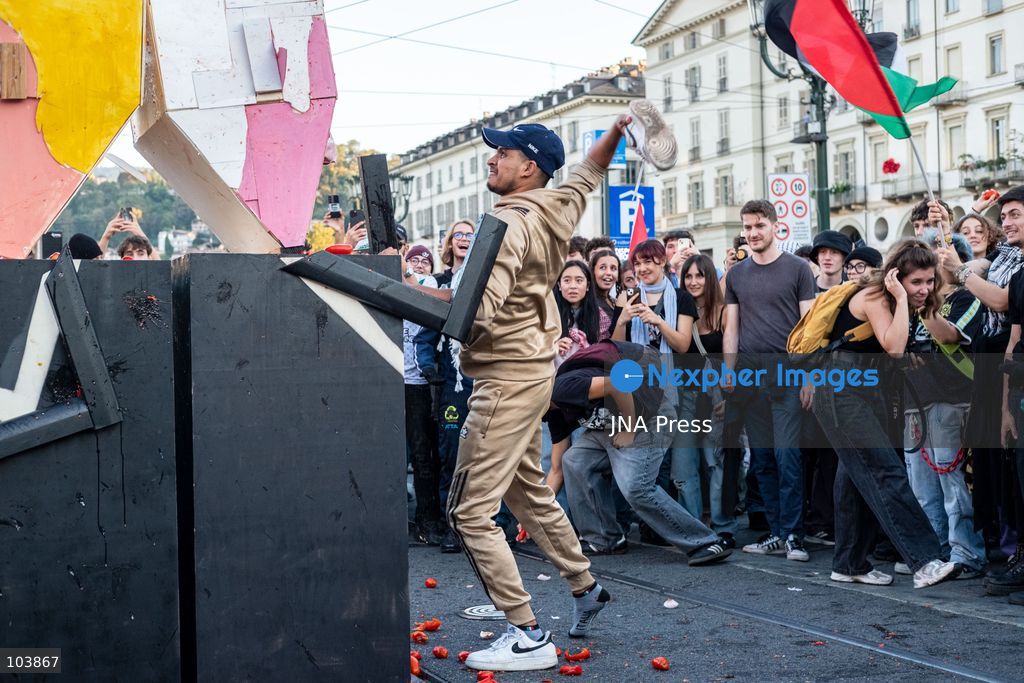 TURIN, ITALY, OCTOBER 10, 2026: Thousands of demonstrators march through the streets of Turin during a regional protest in solidarity with Palestine. Participants from across the Piedmont region gathered for the demonstration organized by Torino per Gaza, waving Palestinian flags and carrying banners as they marched through the city center. The procession passed through several neighborhoods, including Barriera di Milano, before returning toward central Turin. Italian news agency ANSA estimated attendance at around 8,000, while organizers claimed 20,000 participants. Photo by Camilla Baronetto / JNA Press. (Photo by Camilla Baronetto/JNA Press via Nexpher Images)