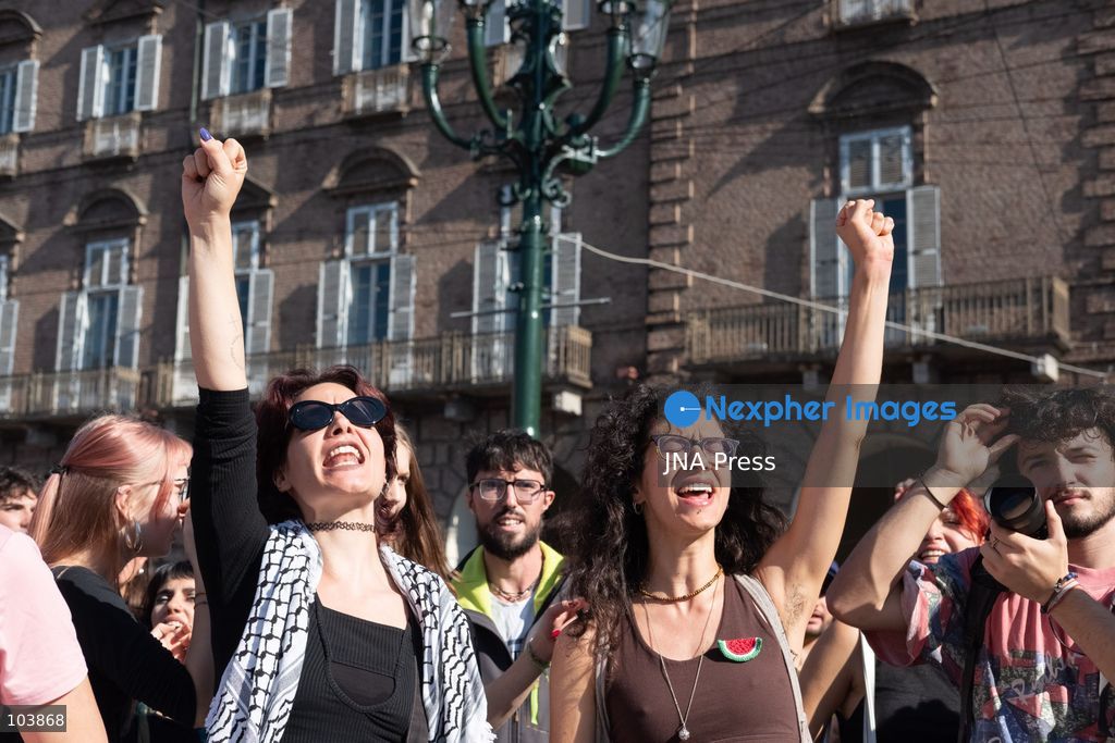 TURIN, ITALY, OCTOBER 10, 2026: Thousands of demonstrators march through the streets of Turin during a regional protest in solidarity with Palestine. Participants from across the Piedmont region gathered for the demonstration organized by Torino per Gaza, waving Palestinian flags and carrying banners as they marched through the city center. The procession passed through several neighborhoods, including Barriera di Milano, before returning toward central Turin. Italian news agency ANSA estimated attendance at around 8,000, while organizers claimed 20,000 participants. Photo by Camilla Baronetto / JNA Press. (Photo by Camilla Baronetto/JNA Press via Nexpher Images)
