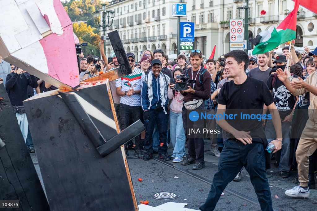 TURIN, ITALY, OCTOBER 10, 2026: Thousands of demonstrators march through the streets of Turin during a regional protest in solidarity with Palestine. Participants from across the Piedmont region gathered for the demonstration organized by Torino per Gaza, waving Palestinian flags and carrying banners as they marched through the city center. The procession passed through several neighborhoods, including Barriera di Milano, before returning toward central Turin. Italian news agency ANSA estimated attendance at around 8,000, while organizers claimed 20,000 participants. Photo by Camilla Baronetto / JNA Press. (Photo by Camilla Baronetto/JNA Press via Nexpher Images)