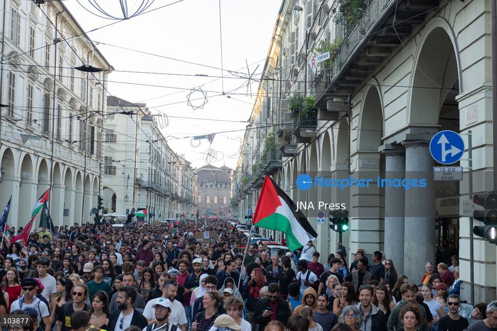 TURIN, ITALY, OCTOBER 10, 2026: Thousands of demonstrators march through the streets of Turin during a regional protest in solidarity with Palestine. Participants from across the Piedmont region gathered for the demonstration organized by Torino per Gaza, waving Palestinian flags and carrying banners as they marched through the city center. The procession passed through several neighborhoods, including Barriera di Milano, before returning toward central Turin. Italian news agency ANSA estimated attendance at around 8,000, while organizers claimed 20,000 participants. Photo by Camilla Baronetto / JNA Press. (Photo by Camilla Baronetto/JNA Press via Nexpher Images)