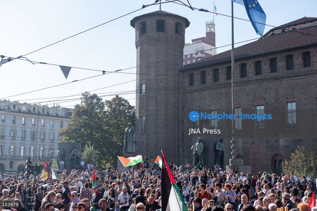 TURIN, ITALY, OCTOBER 10, 2026: Thousands of demonstrators march through the streets of Turin during a regional protest in solidarity with Palestine. Participants from across the Piedmont region gathered for the demonstration organized by Torino per Gaza, waving Palestinian flags and carrying banners as they marched through the city center. The procession passed through several neighborhoods, including Barriera di Milano, before returning toward central Turin. Italian news agency ANSA estimated attendance at around 8,000, while organizers claimed 20,000 participants. Photo by Camilla Baronetto / JNA Press. (Photo by Camilla Baronetto/JNA Press via Nexpher Images)