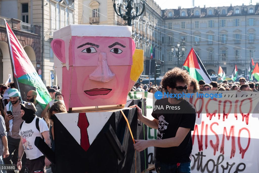 TURIN, ITALY, OCTOBER 10, 2026: Thousands of demonstrators march through the streets of Turin during a regional protest in solidarity with Palestine. Participants from across the Piedmont region gathered for the demonstration organized by Torino per Gaza, waving Palestinian flags and carrying banners as they marched through the city center. The procession passed through several neighborhoods, including Barriera di Milano, before returning toward central Turin. Italian news agency ANSA estimated attendance at around 8,000, while organizers claimed 20,000 participants. Photo by Camilla Baronetto / JNA Press. (Photo by Camilla Baronetto/JNA Press via Nexpher Images)