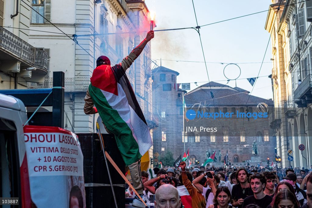 TURIN, ITALY, OCTOBER 10, 2026: Thousands of demonstrators march through the streets of Turin during a regional protest in solidarity with Palestine. Participants from across the Piedmont region gathered for the demonstration organized by Torino per Gaza, waving Palestinian flags and carrying banners as they marched through the city center. The procession passed through several neighborhoods, including Barriera di Milano, before returning toward central Turin. Italian news agency ANSA estimated attendance at around 8,000, while organizers claimed 20,000 participants. Photo by Camilla Baronetto / JNA Press. (Photo by Camilla Baronetto/JNA Press via Nexpher Images)