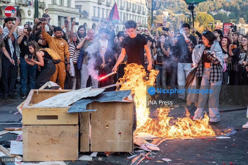 TURIN, ITALY, OCTOBER 10, 2026: Thousands of demonstrators march through the streets of Turin during a regional protest in solidarity with Palestine. Participants from across the Piedmont region gathered for the demonstration organized by Torino per Gaza, waving Palestinian flags and carrying banners as they marched through the city center. The procession passed through several neighborhoods, including Barriera di Milano, before returning toward central Turin. Italian news agency ANSA estimated attendance at around 8,000, while organizers claimed 20,000 participants. Photo by Camilla Baronetto / JNA Press. (Photo by Camilla Baronetto/JNA Press via Nexpher Images)