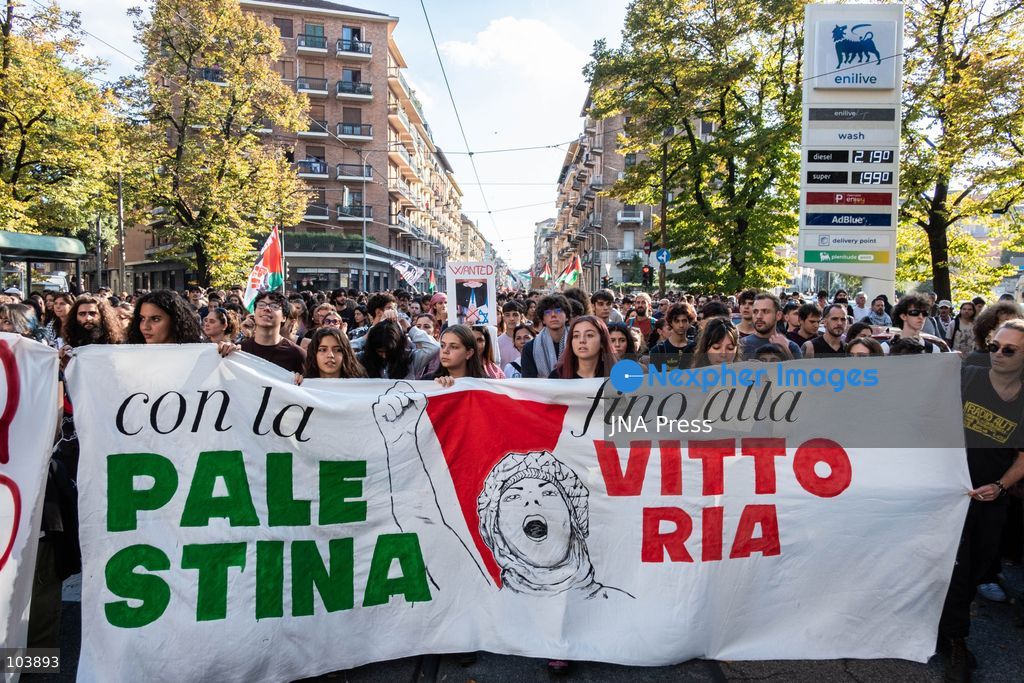TURIN, ITALY, OCTOBER 10, 2026: Thousands of demonstrators march through the streets of Turin during a regional protest in solidarity with Palestine. Participants from across the Piedmont region gathered for the demonstration organized by Torino per Gaza, waving Palestinian flags and carrying banners as they marched through the city center. The procession passed through several neighborhoods, including Barriera di Milano, before returning toward central Turin. Italian news agency ANSA estimated attendance at around 8,000, while organizers claimed 20,000 participants. Photo by Camilla Baronetto / JNA Press. (Photo by Camilla Baronetto/JNA Press via Nexpher Images)