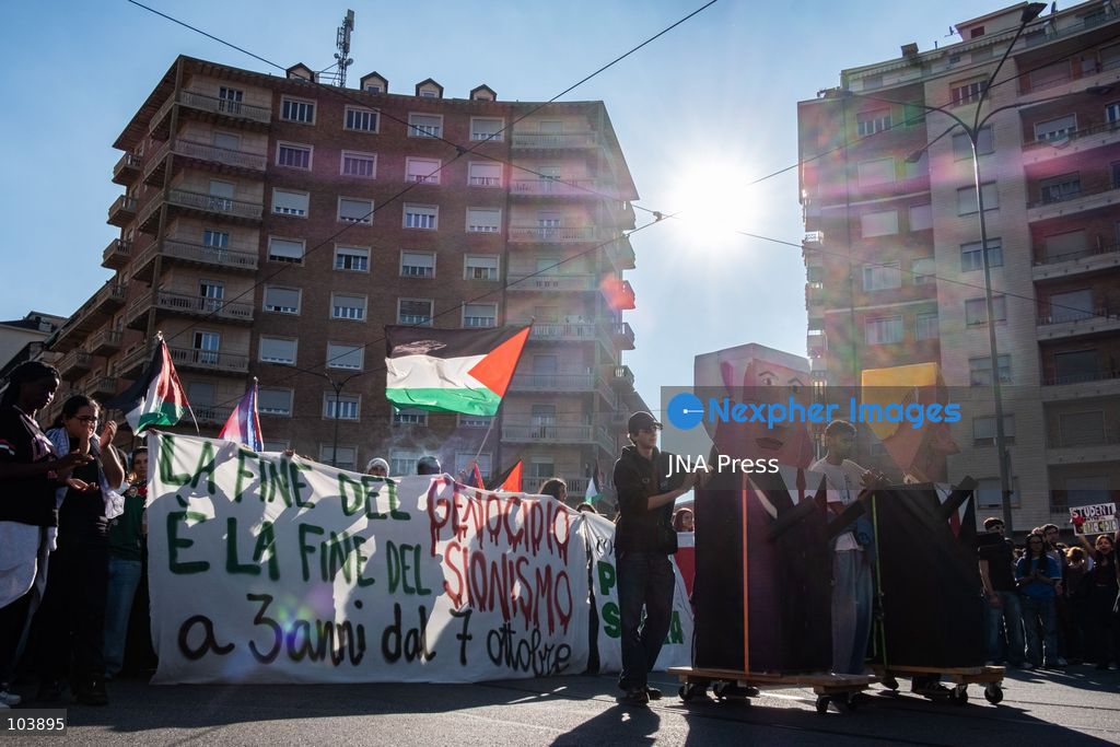 TURIN, ITALY, OCTOBER 10, 2026: Thousands of demonstrators march through the streets of Turin during a regional protest in solidarity with Palestine. Participants from across the Piedmont region gathered for the demonstration organized by Torino per Gaza, waving Palestinian flags and carrying banners as they marched through the city center. The procession passed through several neighborhoods, including Barriera di Milano, before returning toward central Turin. Italian news agency ANSA estimated attendance at around 8,000, while organizers claimed 20,000 participants. Photo by Camilla Baronetto / JNA Press. (Photo by Camilla Baronetto/JNA Press via Nexpher Images)