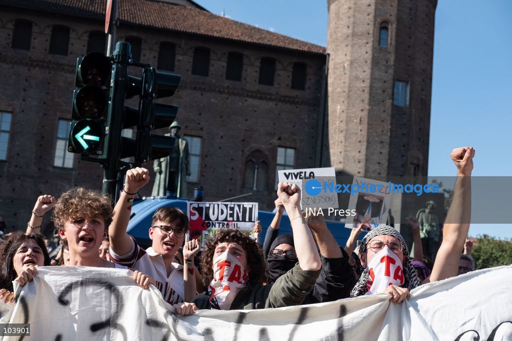 TURIN, ITALY, OCTOBER 10, 2026: Thousands of demonstrators march through the streets of Turin during a regional protest in solidarity with Palestine. Participants from across the Piedmont region gathered for the demonstration organized by Torino per Gaza, waving Palestinian flags and carrying banners as they marched through the city center. The procession passed through several neighborhoods, including Barriera di Milano, before returning toward central Turin. Italian news agency ANSA estimated attendance at around 8,000, while organizers claimed 20,000 participants. Photo by Camilla Baronetto / JNA Press. (Photo by Camilla Baronetto/JNA Press via Nexpher Images)