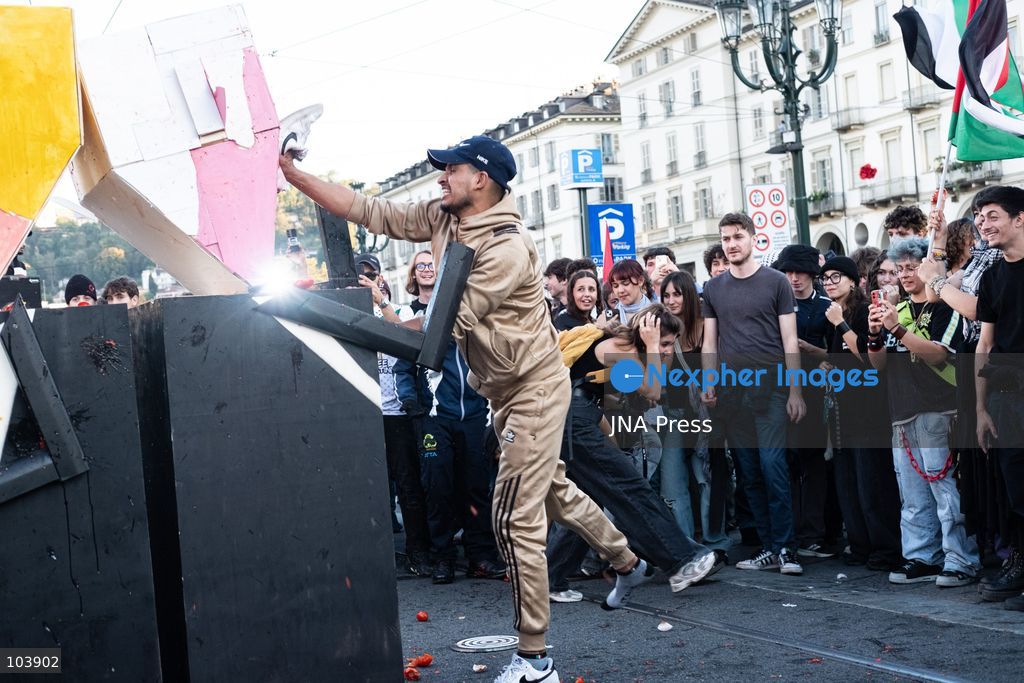 TURIN, ITALY, OCTOBER 10, 2026: Thousands of demonstrators march through the streets of Turin during a regional protest in solidarity with Palestine. Participants from across the Piedmont region gathered for the demonstration organized by Torino per Gaza, waving Palestinian flags and carrying banners as they marched through the city center. The procession passed through several neighborhoods, including Barriera di Milano, before returning toward central Turin. Italian news agency ANSA estimated attendance at around 8,000, while organizers claimed 20,000 participants. Photo by Camilla Baronetto / JNA Press. (Photo by Camilla Baronetto/JNA Press via Nexpher Images)