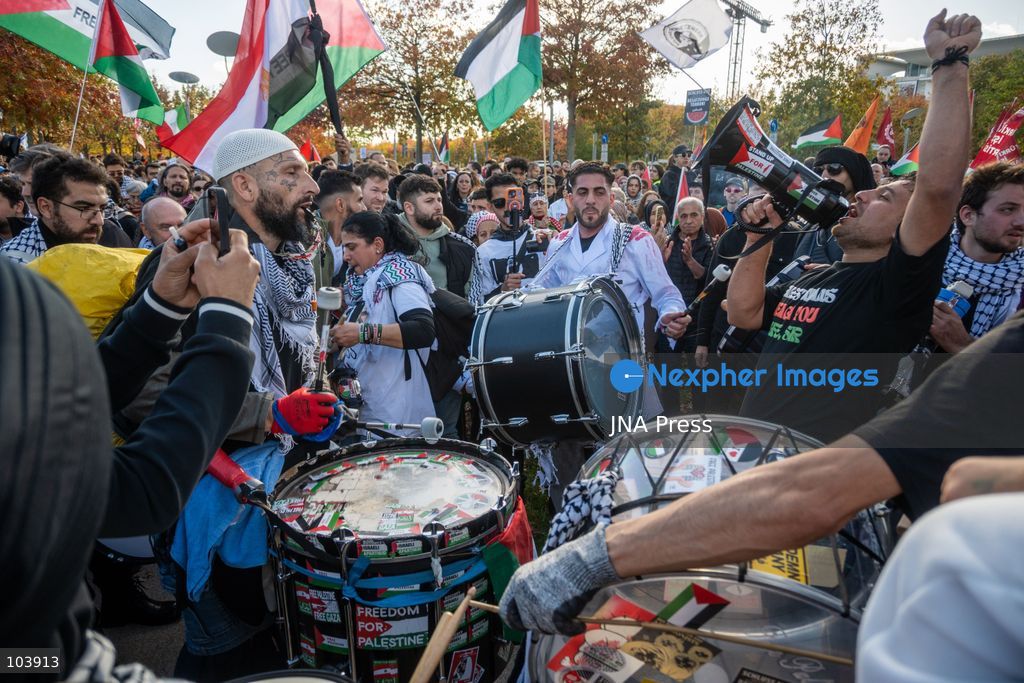 BERLIN, GERMANY, OCTOBER 10, 2026: Thousands of pro-Palestinian demonstrators march through central Berlin during the United4Palestine rally under the slogan "No Peace on Stolen Land." Protesters called for an end to the Israeli occupation of Palestinian territories and demanded that Germany end its political and military support for Israel. Organizers estimated attendance at 20,000 people, while Berlin police reported approximately 3,500 participants. Smaller pro-Israel counter-demonstrations were also held in the German capital amid a significant police presence. Photo by Jess Flom / JNA Press. (Photo by jess flom/JNA Press via Nexpher Images)
