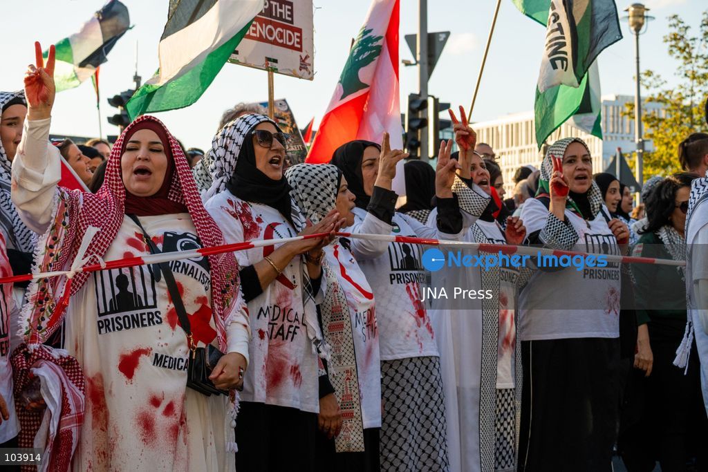 BERLIN, GERMANY, OCTOBER 10, 2026: Thousands of pro-Palestinian demonstrators march through central Berlin during the United4Palestine rally under the slogan "No Peace on Stolen Land." Protesters called for an end to the Israeli occupation of Palestinian territories and demanded that Germany end its political and military support for Israel. Organizers estimated attendance at 20,000 people, while Berlin police reported approximately 3,500 participants. Smaller pro-Israel counter-demonstrations were also held in the German capital amid a significant police presence. Photo by Jess Flom / JNA Press. (Photo by jess flom/JNA Press via Nexpher Images)