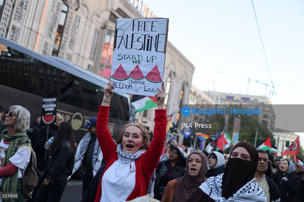 BERLIN, GERMANY, OCTOBER 10, 2026: Thousands of demonstrators take part in the "United4Palestine - No Peace on Stolen Land" march in Berlin, calling for an end to Israel's occupation of Palestinian territories. Protesters demanded that the German government halt arms exports to Israel and end its military and economic support for the country. The demonstration also highlighted opposition to Germany's policies toward Israel and concerns over the humanitarian situation in the Gaza Strip. Photo by Zaira Biagini / JNA Press. (Photo by Zaira Biagini/JNA Press via Nexpher Images)