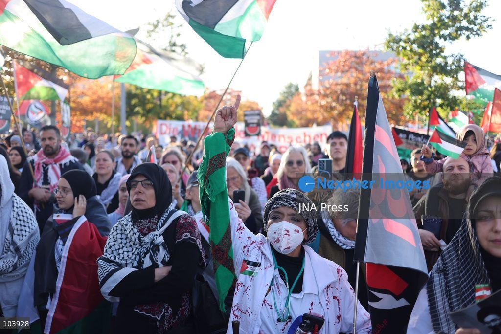 BERLIN, GERMANY, OCTOBER 10, 2026: Thousands of demonstrators take part in the "United4Palestine - No Peace on Stolen Land" march in Berlin, calling for an end to Israel's occupation of Palestinian territories. Protesters demanded that the German government halt arms exports to Israel and end its military and economic support for the country. The demonstration also highlighted opposition to Germany's policies toward Israel and concerns over the humanitarian situation in the Gaza Strip. Photo by Zaira Biagini / JNA Press. (Photo by Zaira Biagini/JNA Press via Nexpher Images)